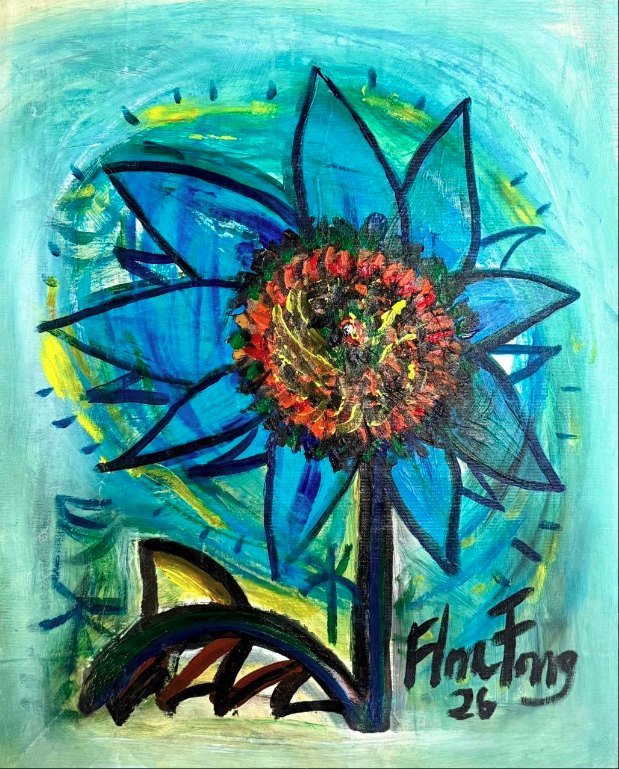 Apuntes, girasoles azules — Flora Fong, Acrílico sobre lienzo