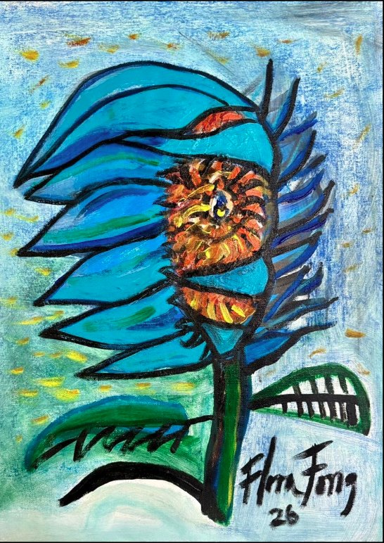 Apuntes, el viento, girasol azul — Flora Fong, Acrílico sobre lienzo
