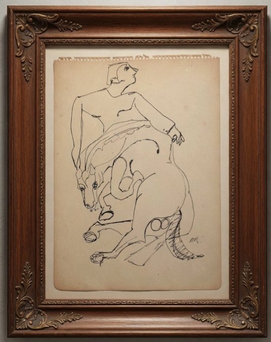 Hombre con caballo — Mariano Rodríguez, Tinta sobre cartulina